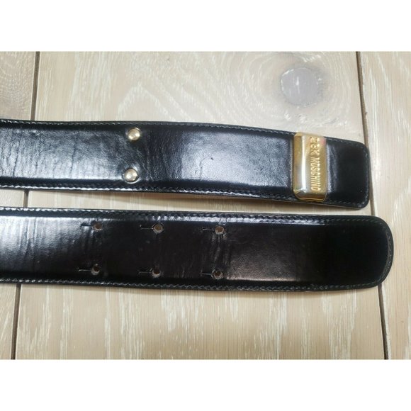 Vintage Moschino 28K Gold Redwall Italy Black Leather Belt Women\'s 28\